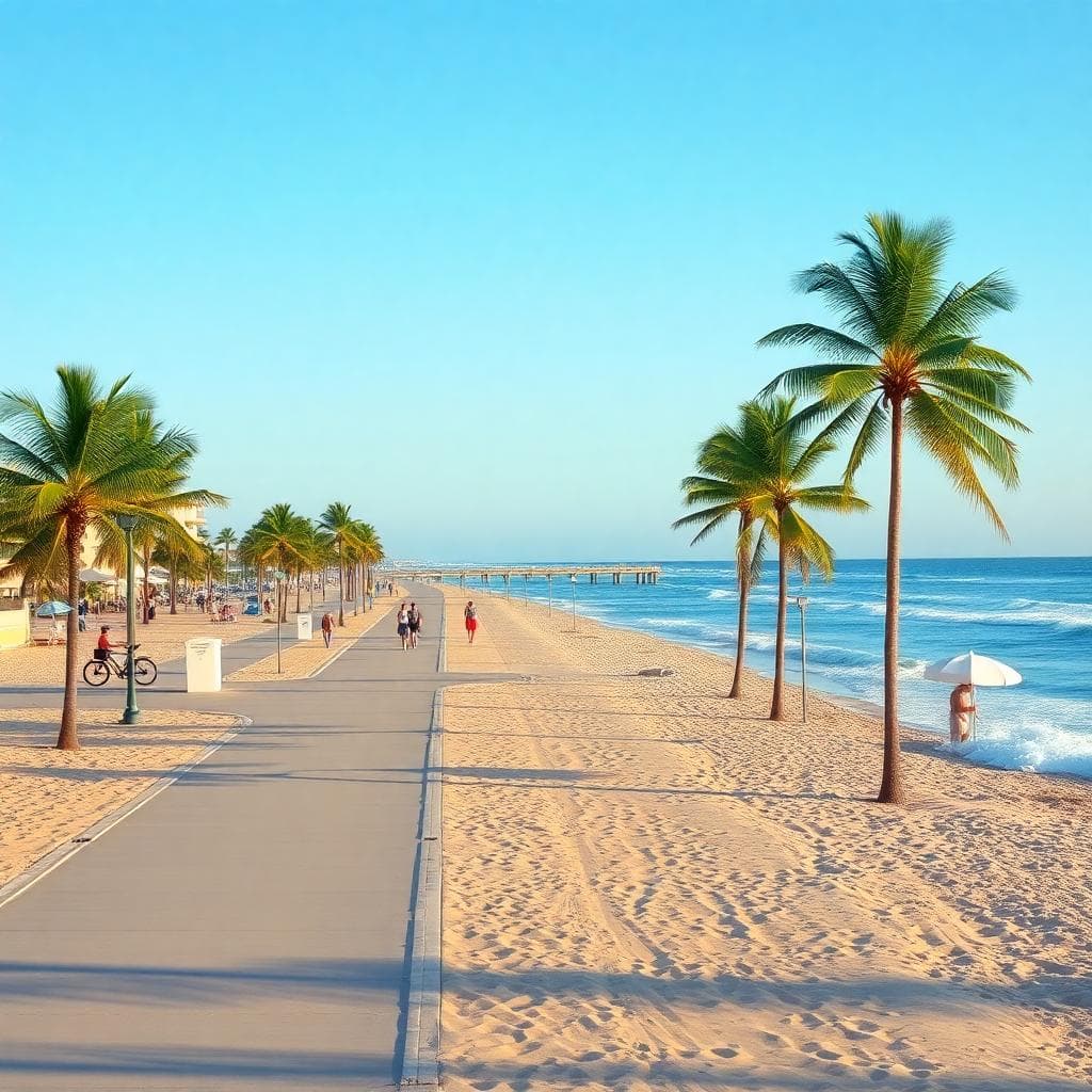 Deerfield Beach boardwalk with palm trees, umbrellas, and pier on a sunny day