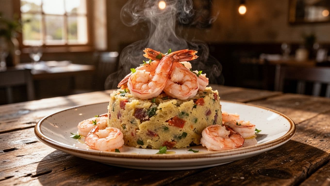 A golden mashed plantain mound topped with succulent sautéed shrimp rests on a ceramic plate with vibrant garnishes and savory garlic sauce.