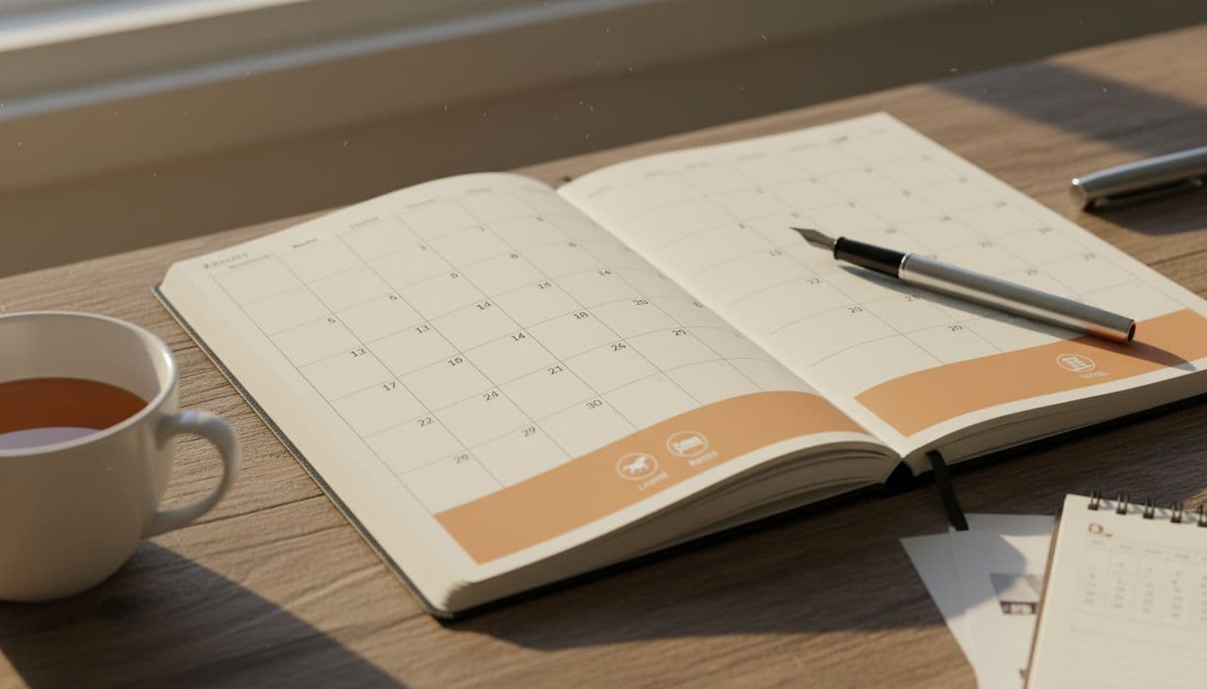 Open travel planner calendar on a wooden desk highlighting Derby weekend in late April early May, with subtle icons for races and hotel, soft morning sunlight, coffee mug and pen nearby, realistic photo in warm lighting.