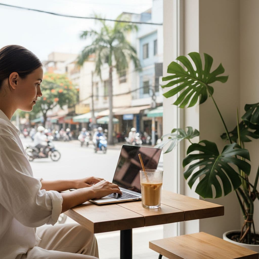 Person at cafe table using laptop with coffee cup and tropical plant in Southeast Asian city.