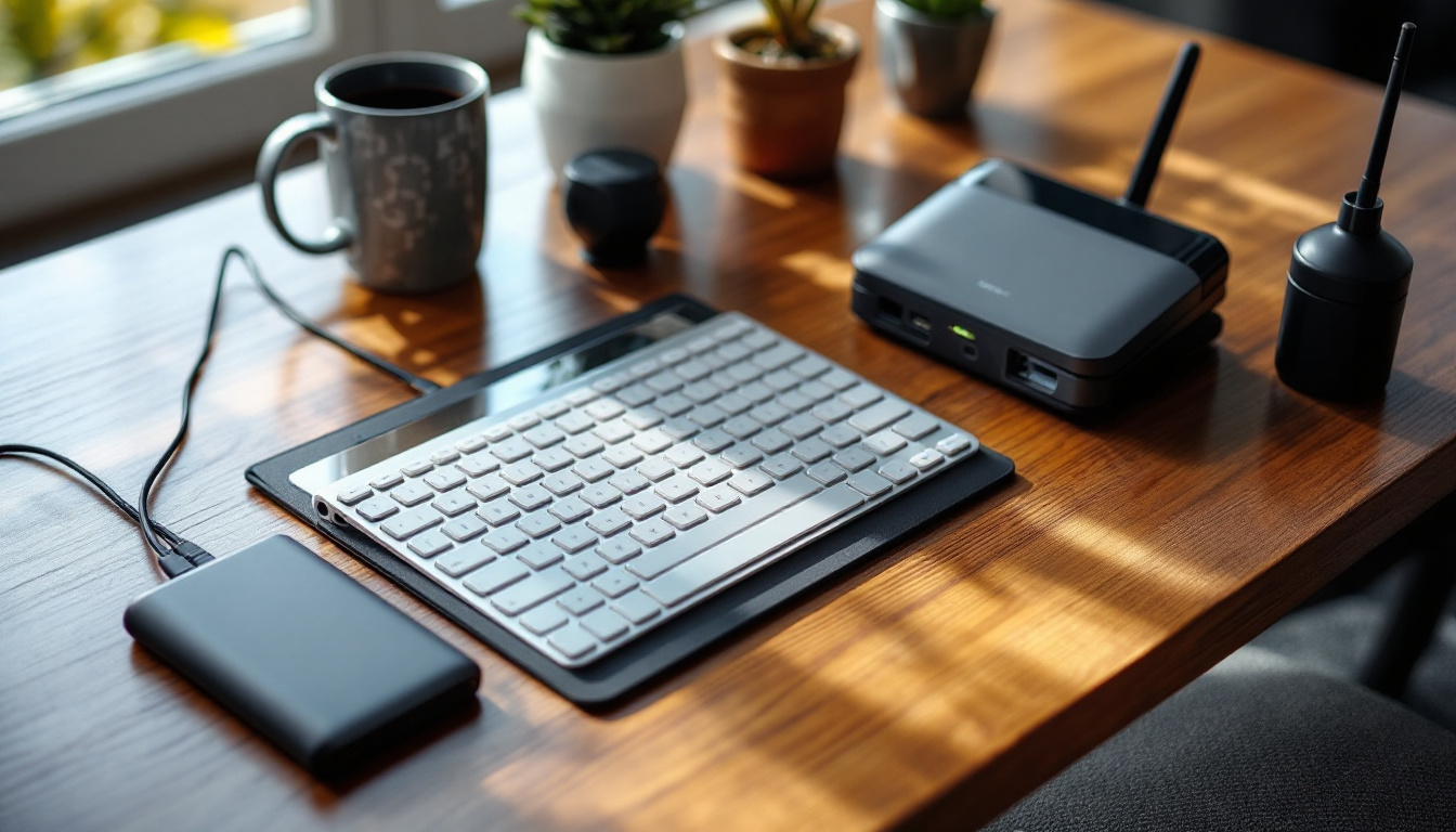 Desk setup with a laptop and portable tech items