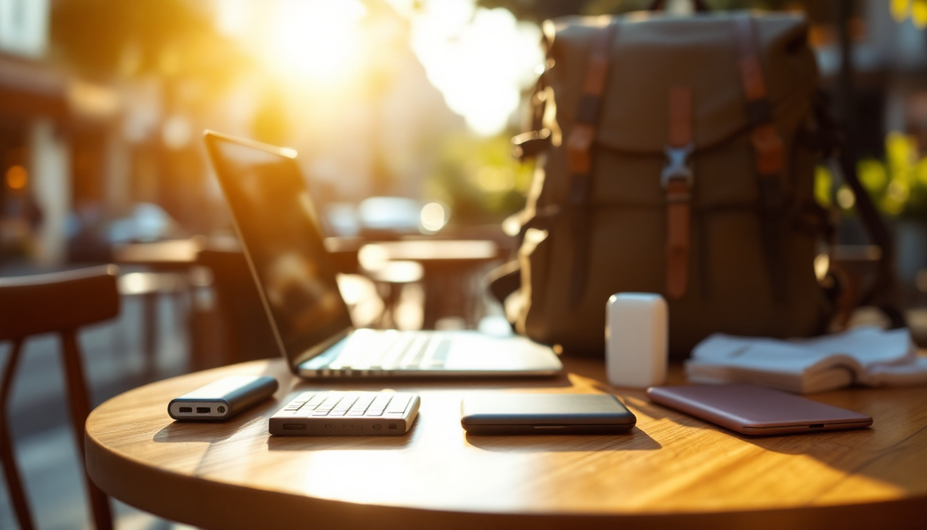 Digital nomad at a sunlit café table with a laptop and backpack