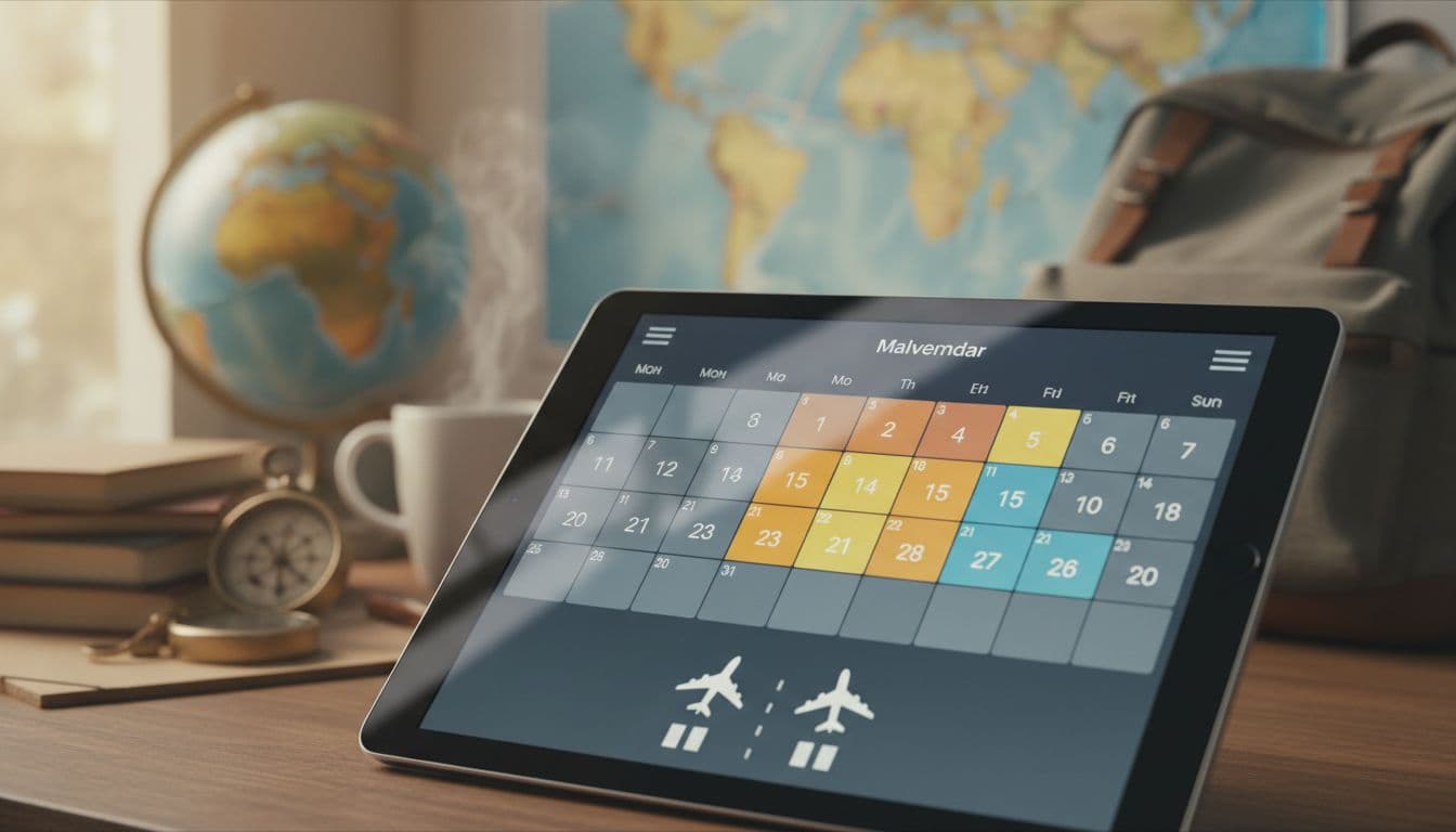 A digital tablet screen shows an interactive calendar with highlighted travel dates. The background features a soft-focus desk arrangement with globes, maps, and travel accessories for a wanderlust-inspired workspace aesthetic.