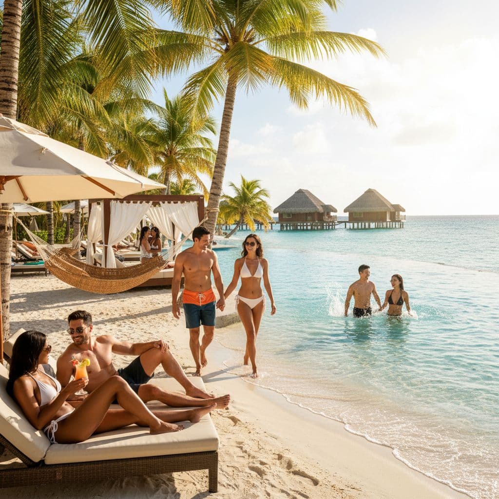 Romantic couple enjoying sunset on a private beach at an adults-only Caribbean all-inclusive resort in 2026