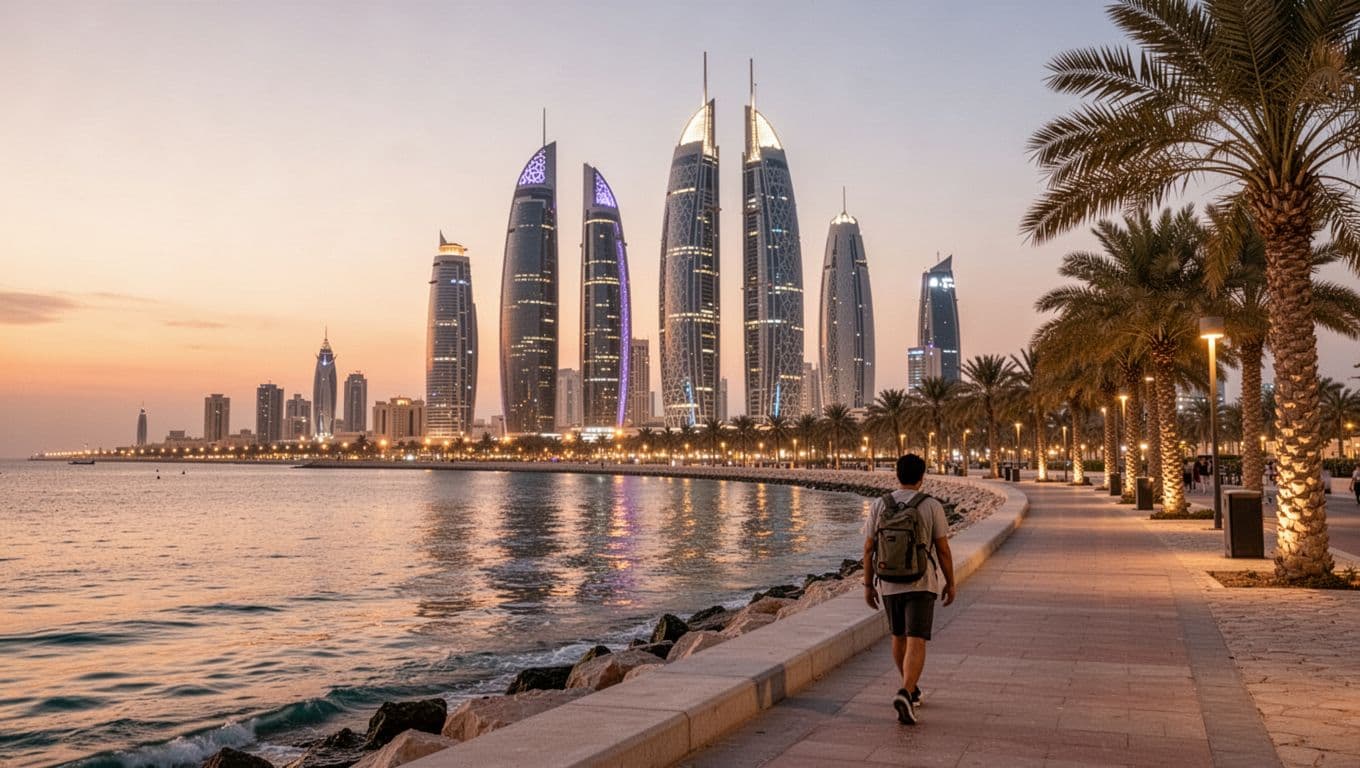 Traveler walking along Doha Corniche waterfront at sunset with modern skyline
