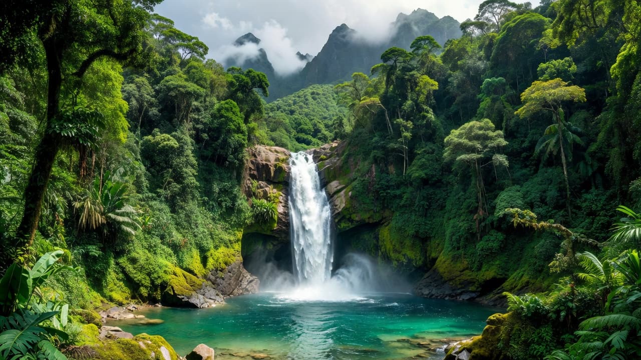 A powerful waterfall plunges down a steep moss-covered rock cliff into a pristine turquoise pool surrounded by dense rainforest foliage in Dominica.
