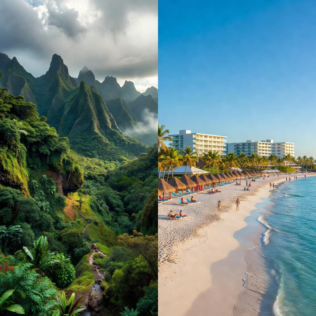 A split composition features a lush mist-covered rainforest peak on the left contrasted with a golden sand beach and turquoise resort waters on the right under a bright sun.