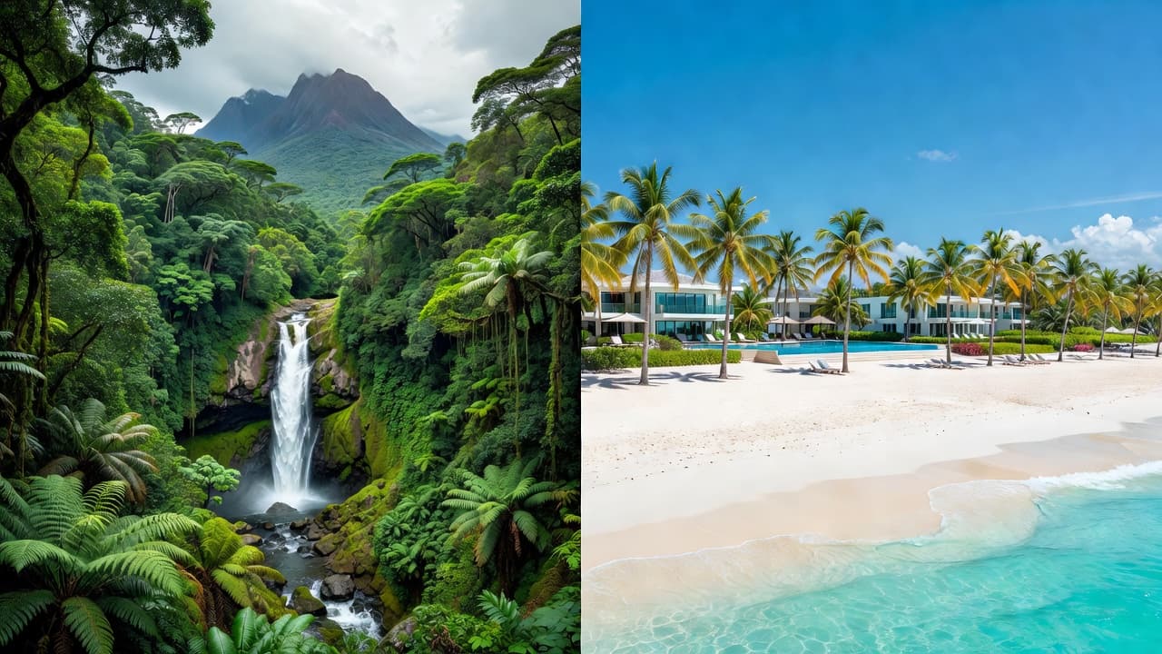 The left side depicts a misty Dominica waterfall surrounded by dense green jungle. The right side shows a sun-drenched Dominican Republic resort beach with palm trees and clear turquoise Caribbean water.
