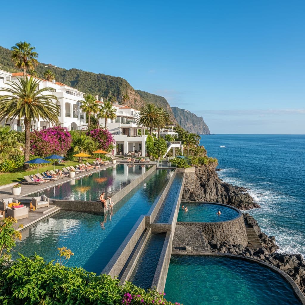 Dreams Madeira Resort infinity pools with marina views in Porto Moniz
