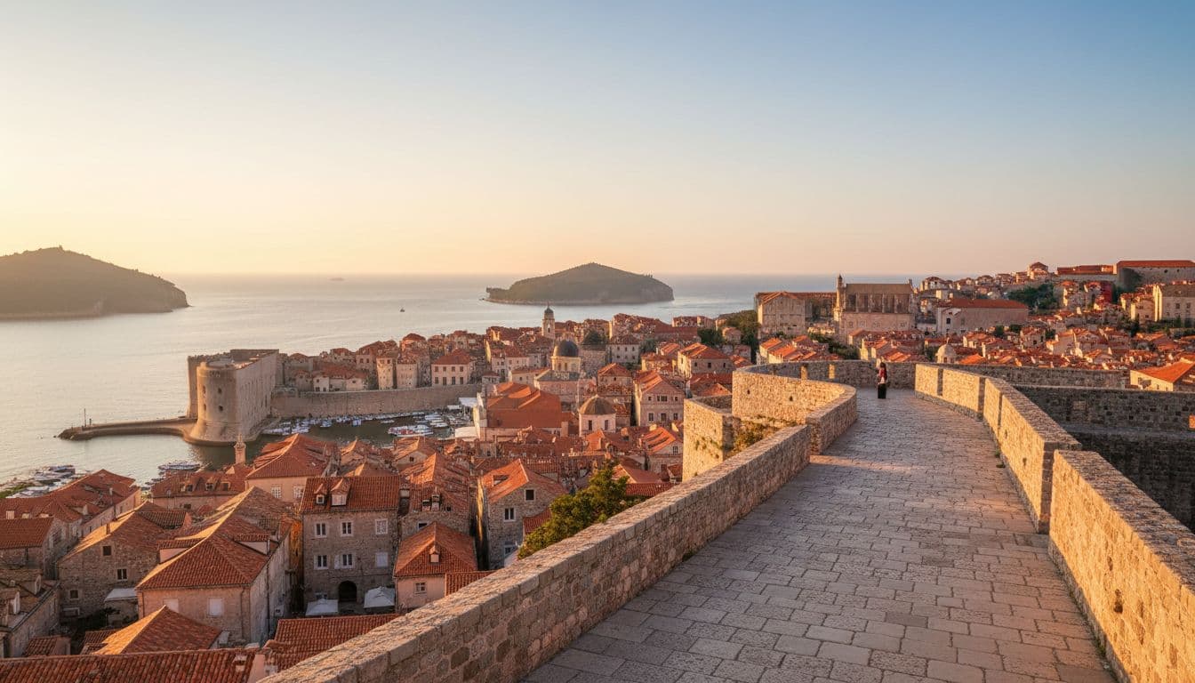 Serene view from Dubrovnik city walls overlooking the old town and Adriatic Sea at dawn, with soft light illuminating the empty stone walkway and Minčeta Tower, no people present.