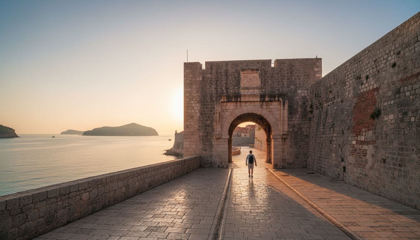 Early morning view of Pile Gate in Dubrovnik, with a quiet empty street leading into the old town, soft dawn light on ancient walls and sea in the background, one person walking alone.