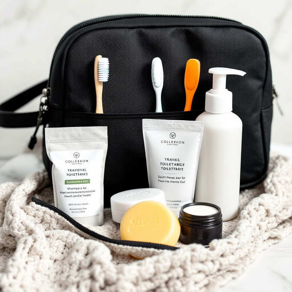 Eco-friendly toiletries: solid shampoo bar, reusable bottle, and minimalist kit—perfect for packing light in 2025. Image created with AI.