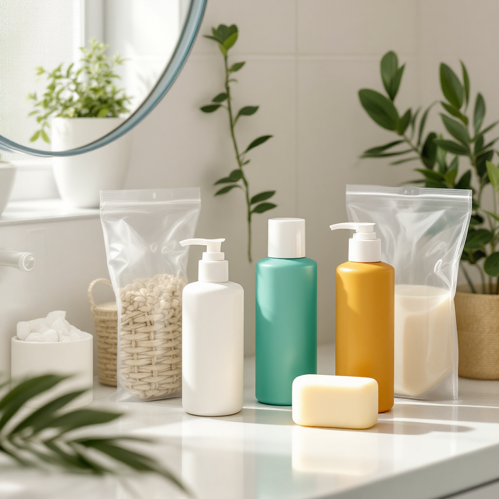 Eco-friendly toiletries: reusable bottles, solid shampoo bar, clear quart-sized liquids bag, and compact kit. Alt text: Minimalist travel toiletries for solo travel in 2025.