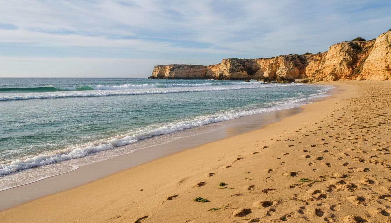 Wide empty golden sandy beach along Algarve coast in Portugal during spring, with gentle turquoise waves lapping the shore, distant rugged cliffs, seashells, seaweed, and footprints leading to water under soft morning light.