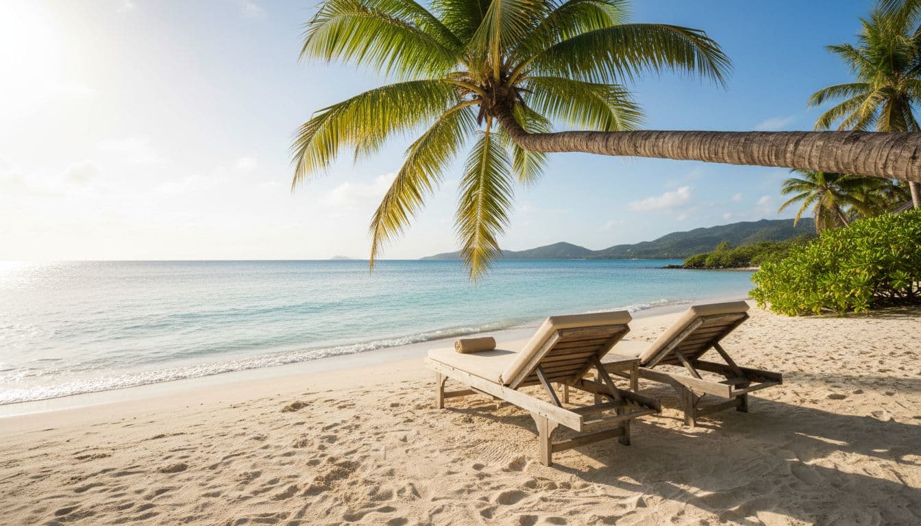 Two wooden lounge chairs sit under a palm tree on a white sand beach by turquoise water.