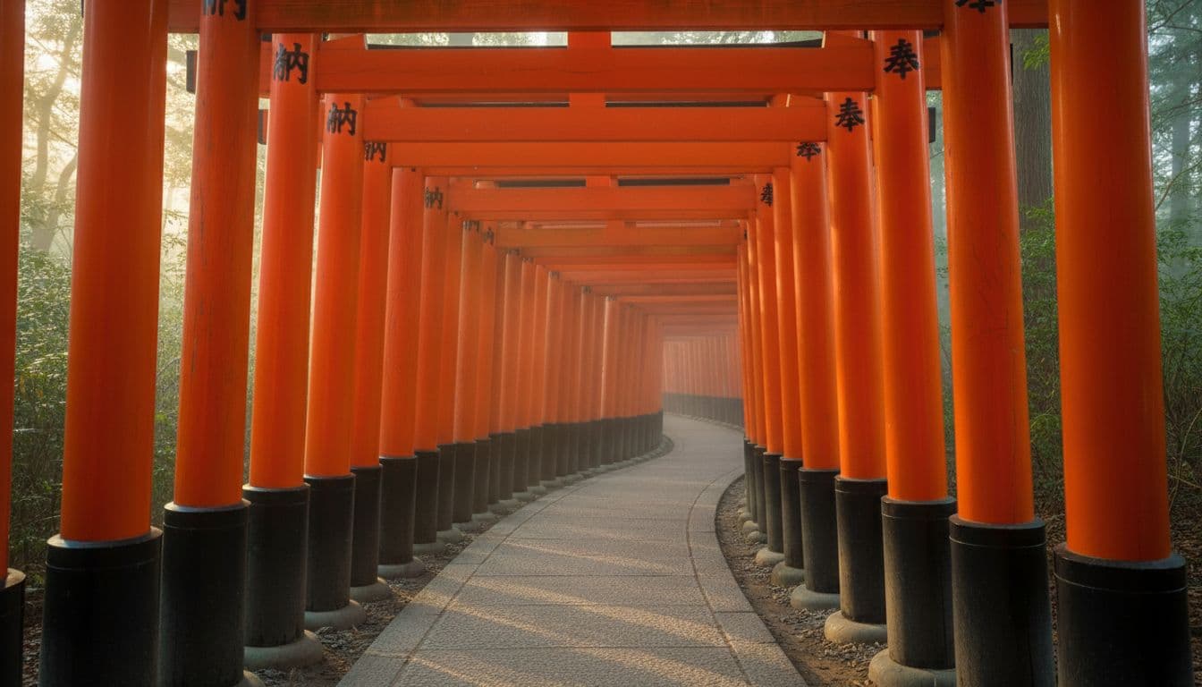 Empty row of iconic red torii gates at Fushimi Inari Shrine in Kyoto during early morning with cool misty air and soft dawn light filtering through the serene forest path