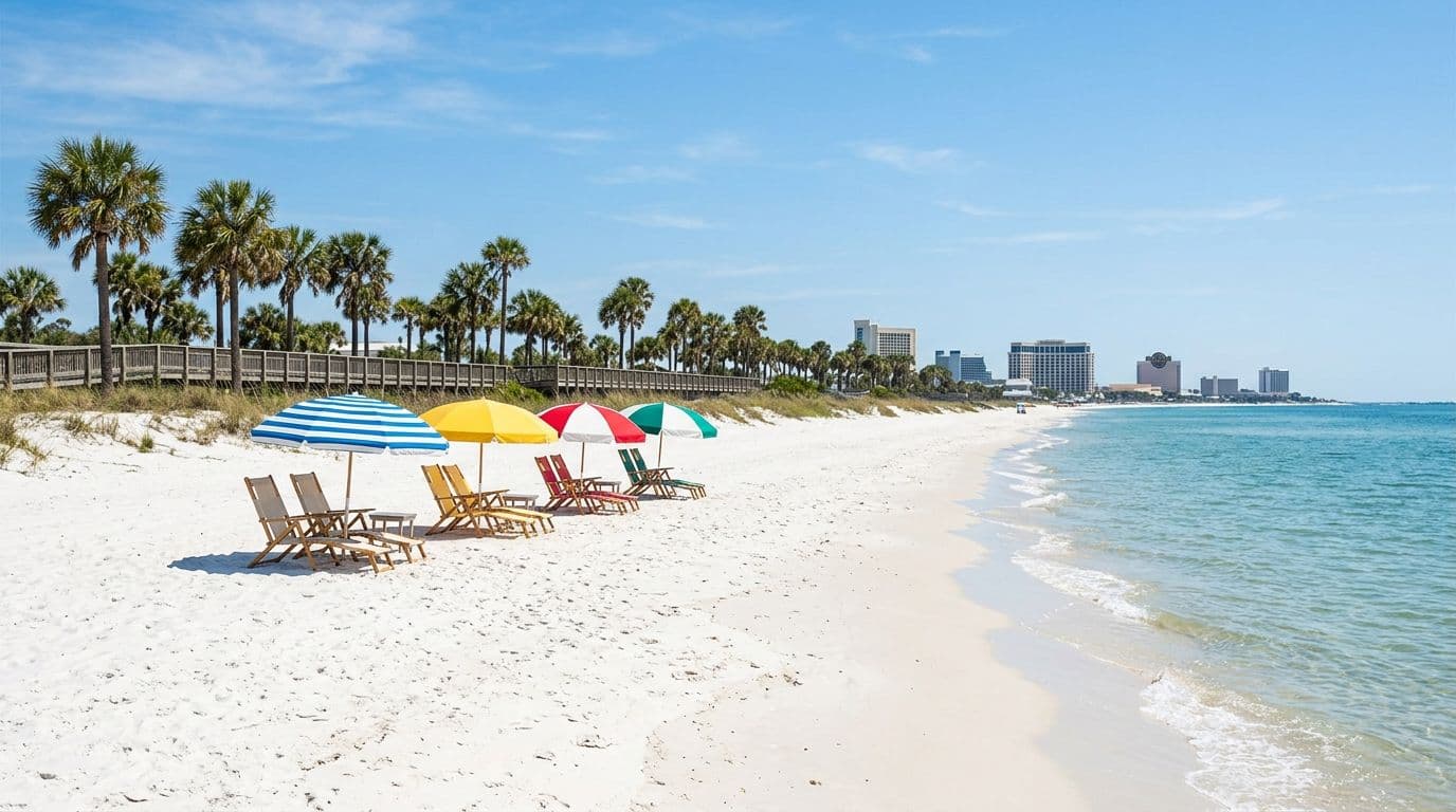 Empty Biloxi Mississippi Gulf Coast beach with white sand, gentle waves, and palm trees - affordable spring break alternative