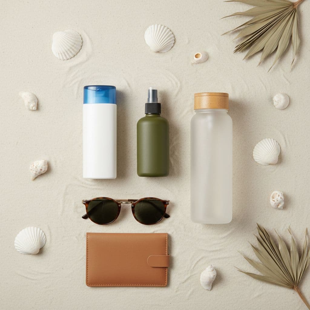 A flat-lay view displays sunscreen, insect repellent, sunglasses, a passport, and a water bottle on a sandy background.