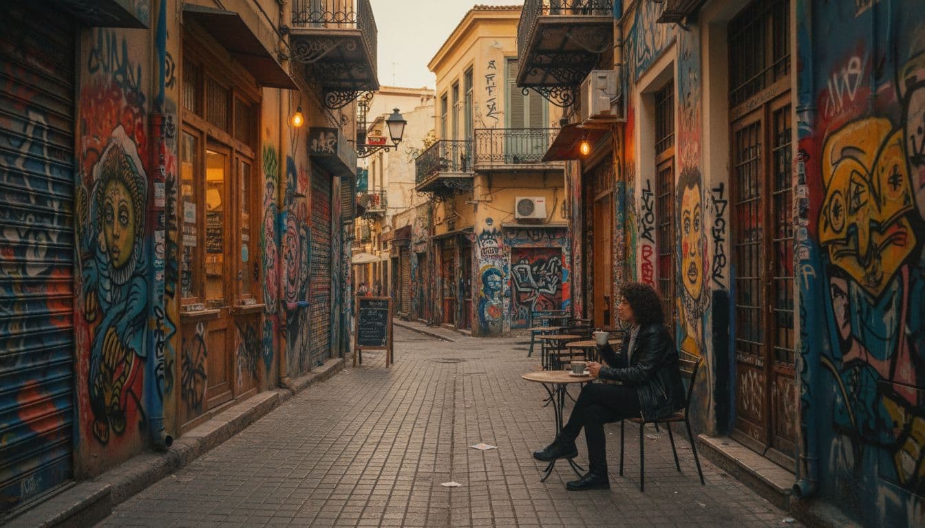 Vibrant street in Exarchia, Athens with murals and cafes