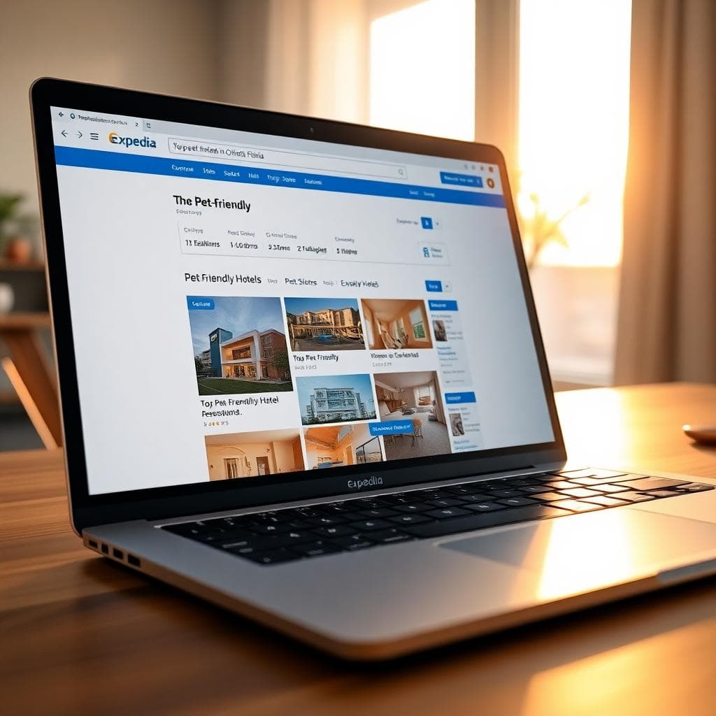 Expedia pet-friendly filter open on laptop for Orlando hotels