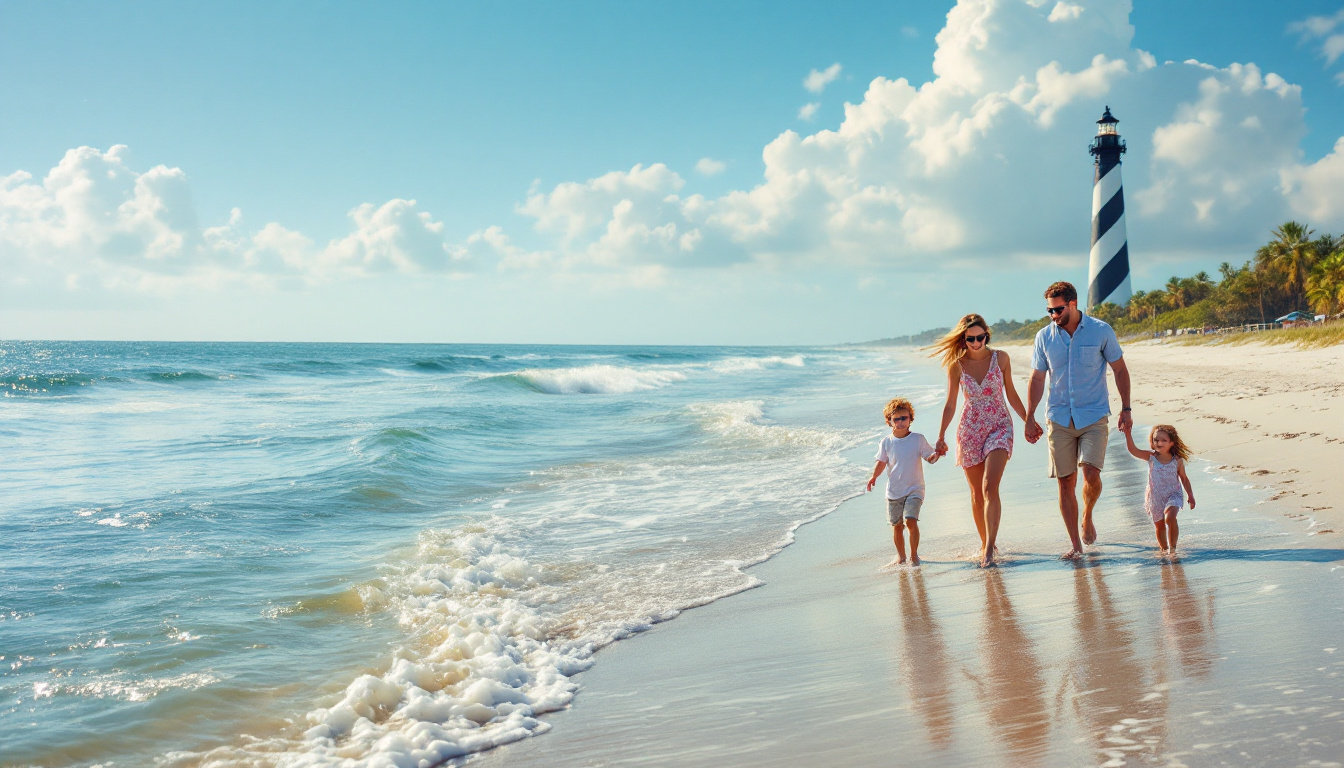 Family enjoying St. Augustine Beach during an affordable St. Augustine family vacation 2025 with lighthouse in the background.