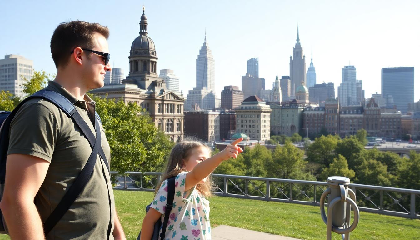 A family exploring the streets of Philadelphia with the city skyline and historic buildings in the background, children pointing at a landmark.