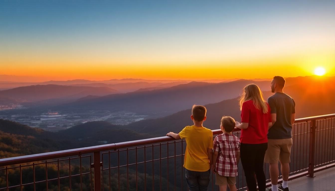 Family at sunset on Gatlinburg SkyBridge, a highlight of a budget family vacation Gatlinburg Smoky Mountains 2025