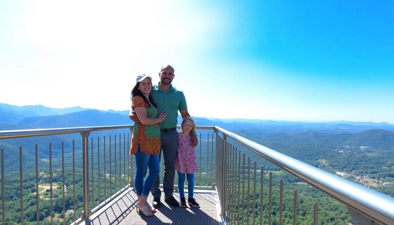 Family walking across Gatlinburg SkyLift Park SkyBridge, showcasing a budget family vacation Gatlinburg Smoky Mountains 2025