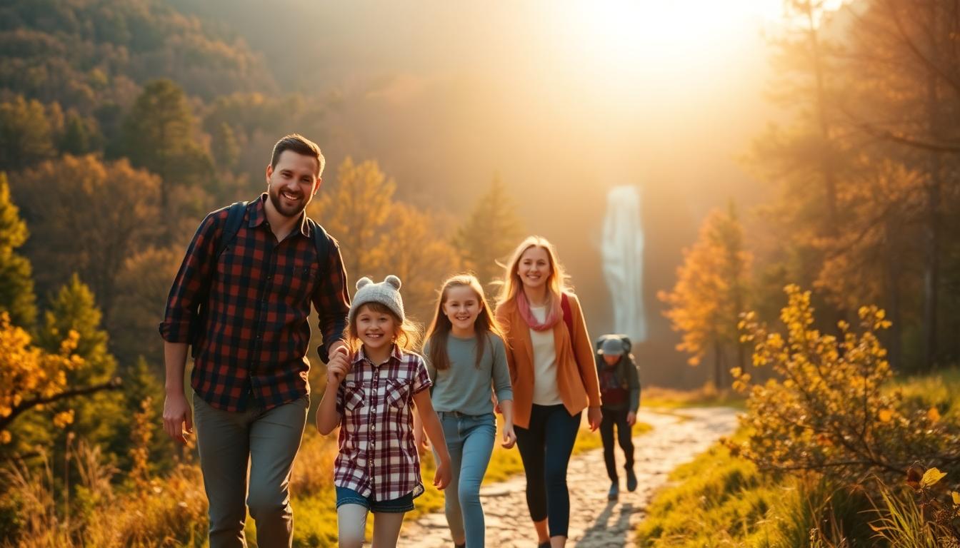 Family hiking through autumn trails in Great Smoky Mountains, part of a budget family vacation Gatlinburg Smoky Mountains 2025
