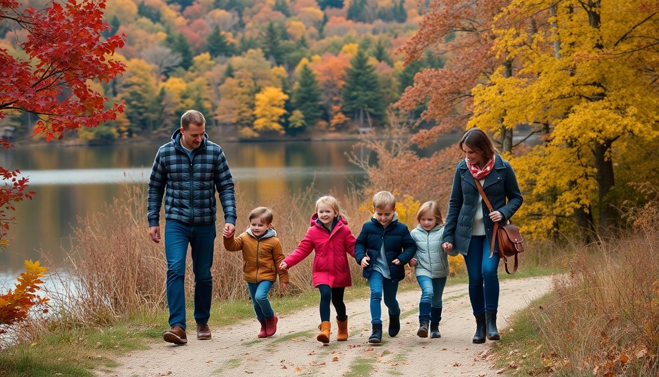 A family hiking a picturesque trail in the Hudson Valley during peak fall season, surrounded by colorful autumn leaves.
