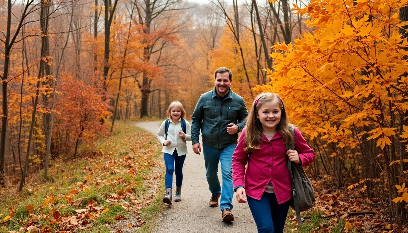 A family of four hiking a scenic trail in the Hudson Valley during fall, surrounded by vibrant leaves and smiling happily.