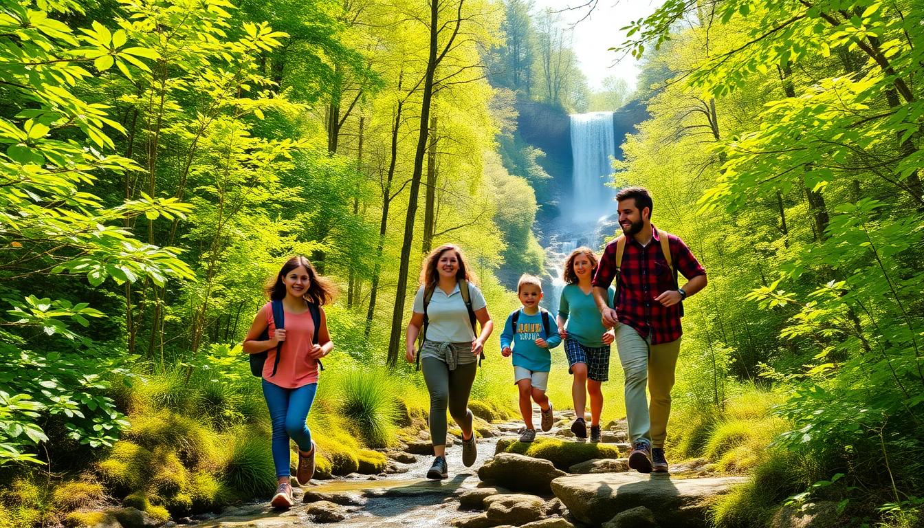 Family hiking toward Laurel Falls in Great Smoky Mountains, perfect for a budget family vacation Gatlinburg Smoky Mountains 2025