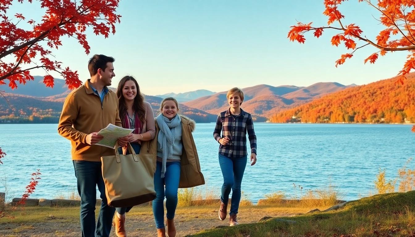 A family exploring a scenic nature trail in the Hudson Valley surrounded by vibrant fall foliage, with joyful expressions.