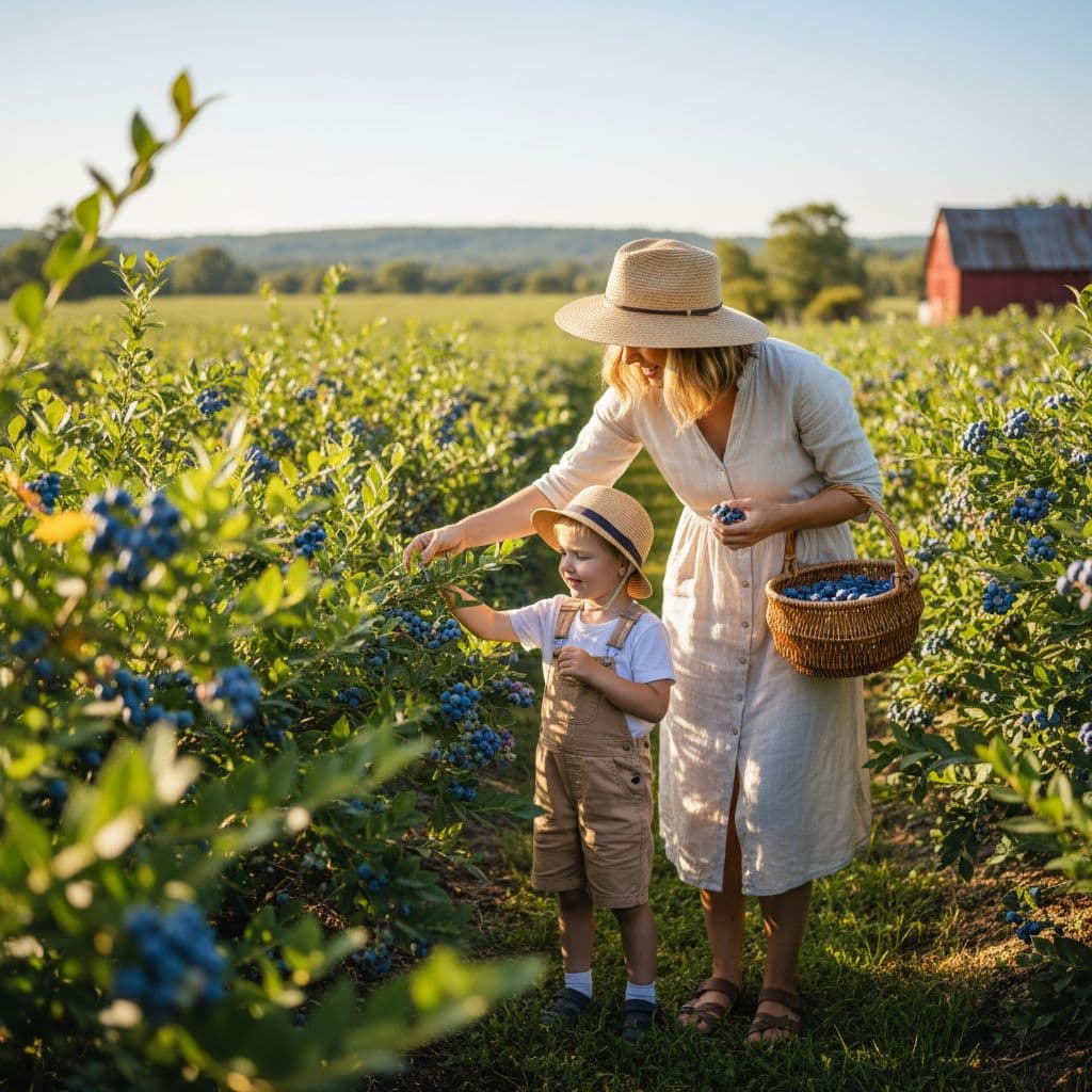 Adult and child pick blueberries in sunlit u-pick farm.