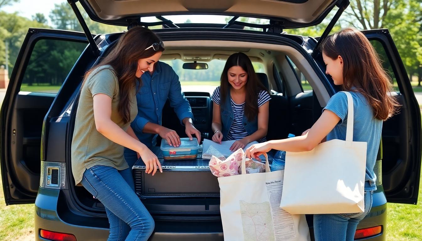 A family of four packing a picnic for a budget weekend near NYC, with reusable lunchboxes, water bottles, and a map in a tote beside a car.