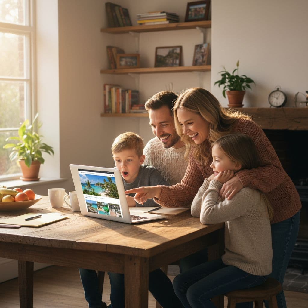 Two parents and two children sit around a wooden kitchen table, smiling at a laptop screen with warm sunlight illuminating the cozy room as they browse travel deals.