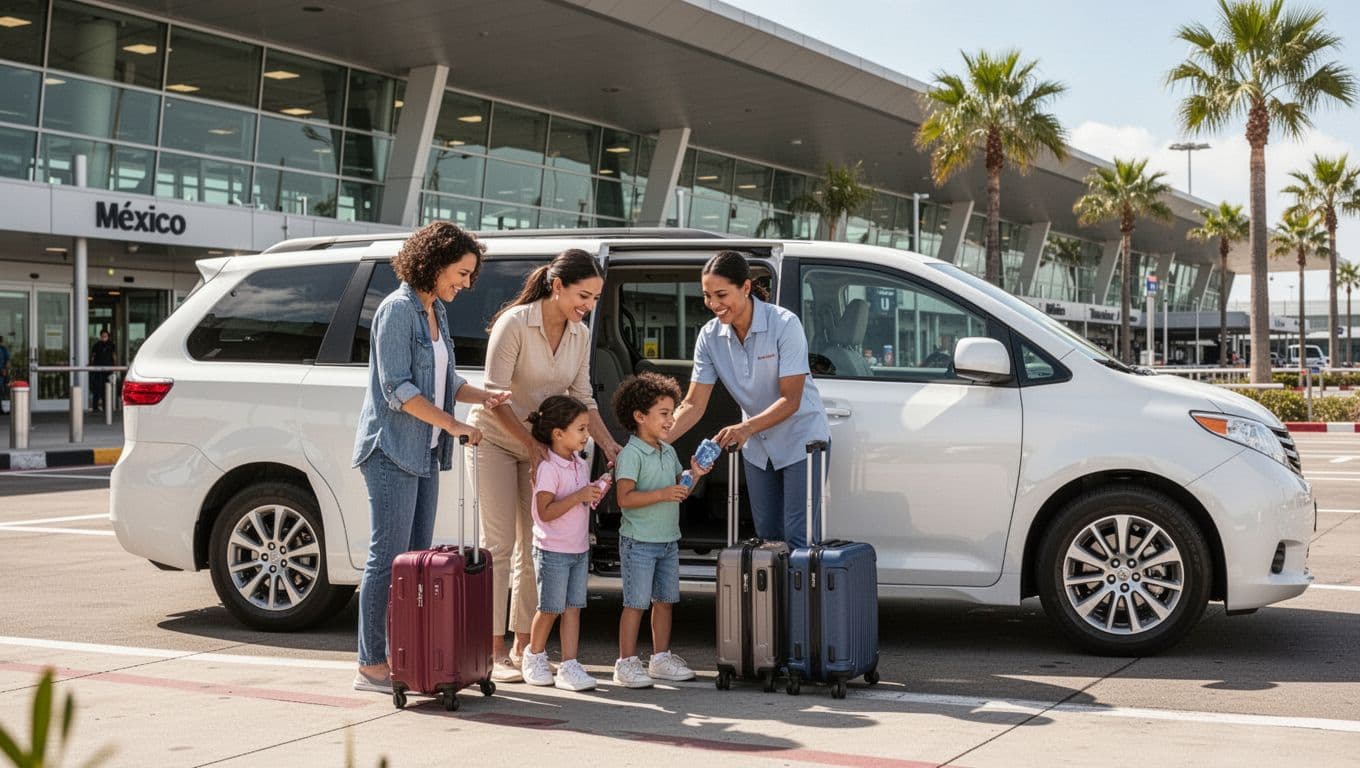 Landscape scene of a family of four arriving safely at a Mexican airport transfer van