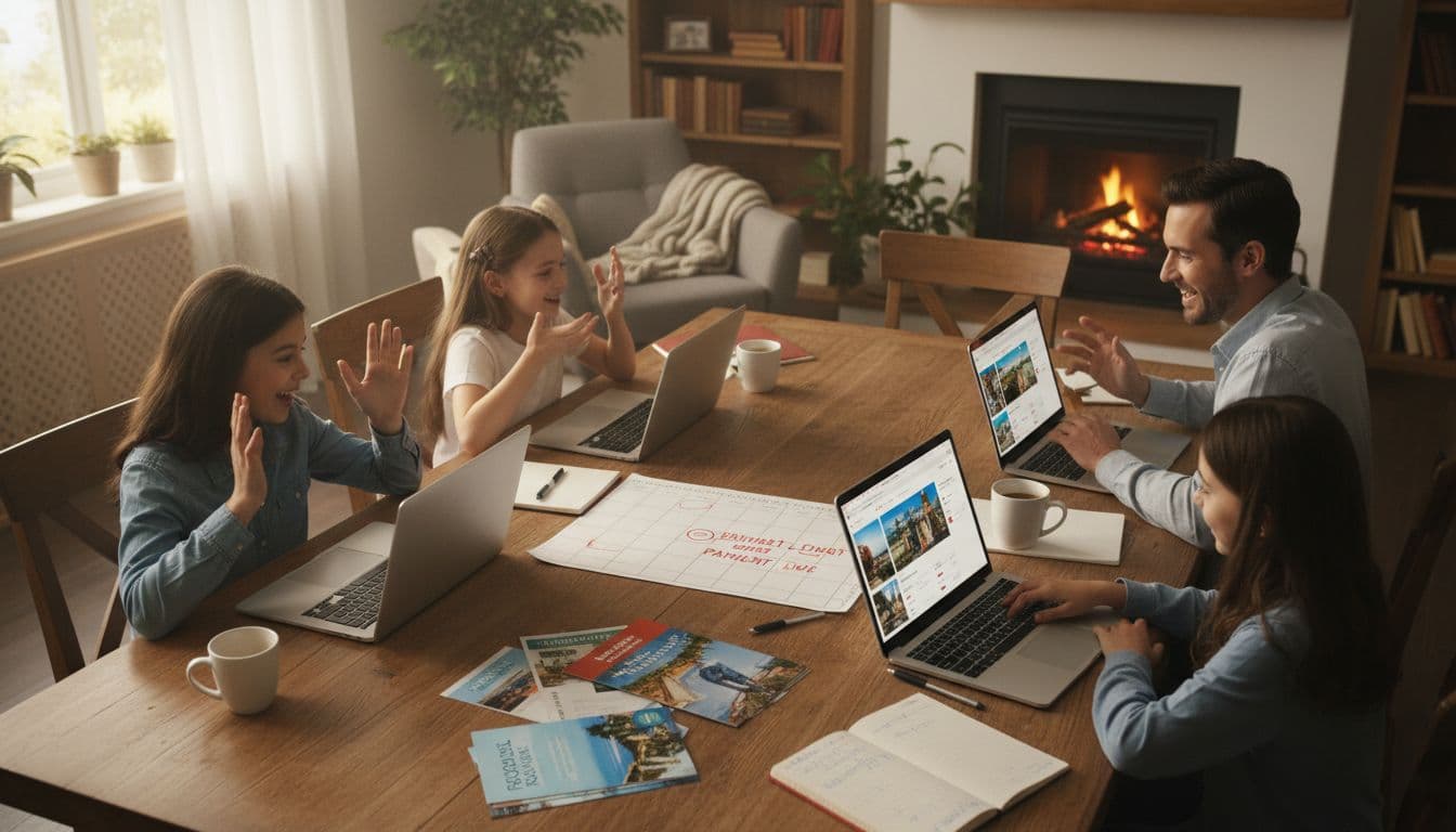 Family planning a 2026 all-inclusive family vacation with flexible payment dates at home