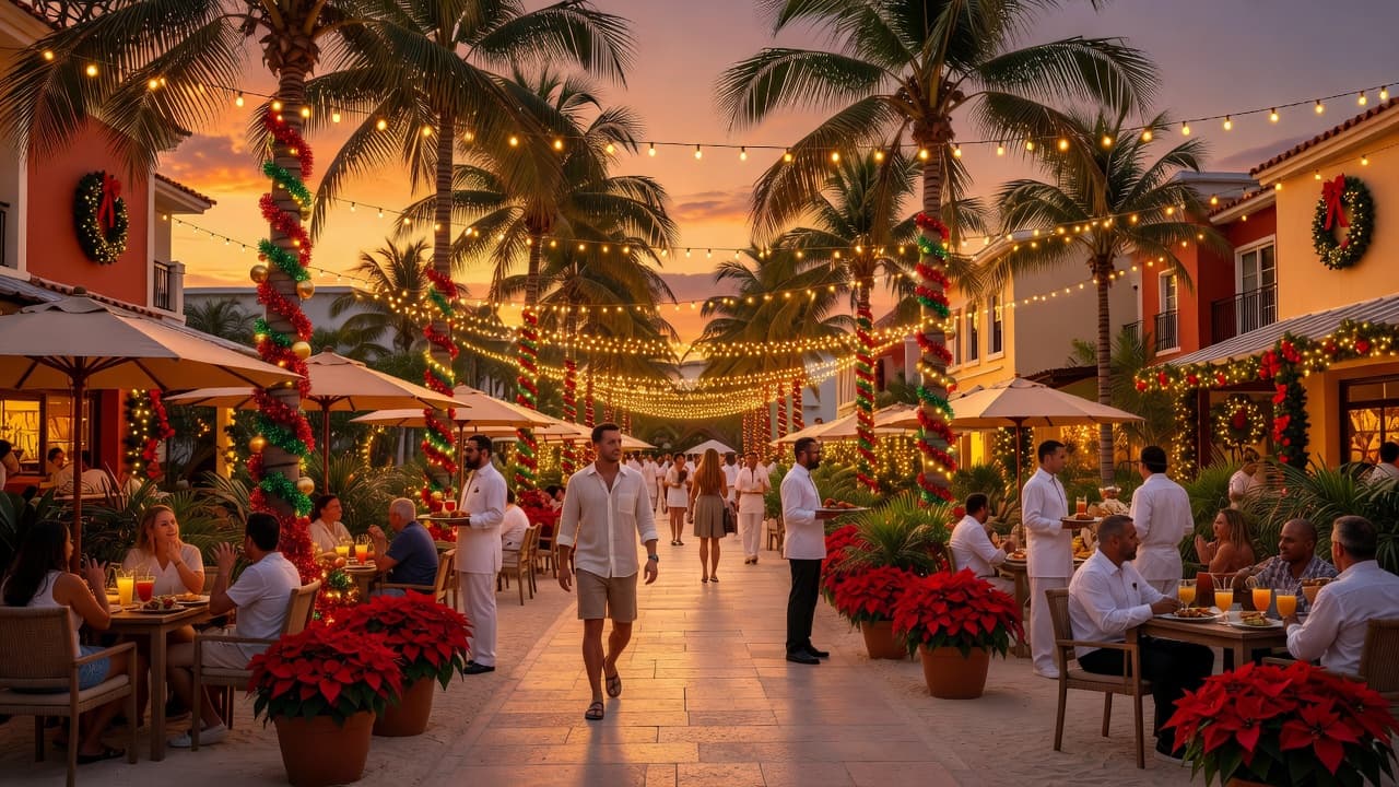 A single figure walks through a tropical courtyard lined with lush palm trees and glowing string lights with festive holiday decorations sparkling under a warm golden atmosphere.