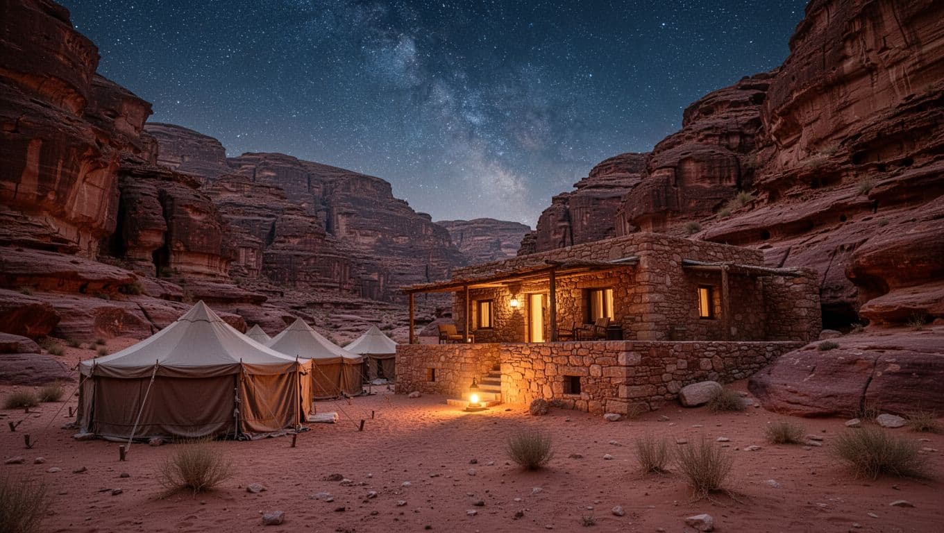 Stone Feynan ecolodge in Jordanian canyon at dusk with starry sky, Bedouin tents, red rocks, and lantern firelight.