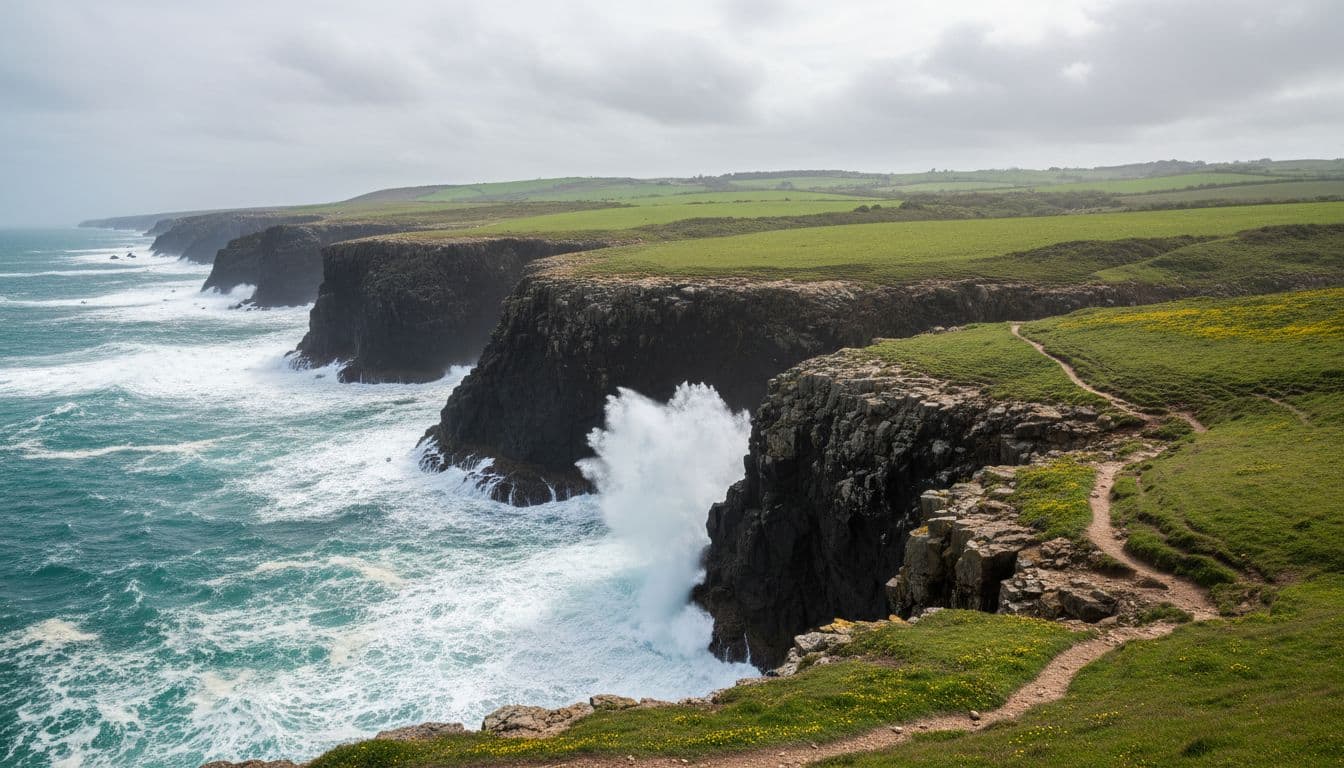 Dramatic black cliffs along the rugged western Algarve coast in Portugal crash against Atlantic waves, with wild ocean spray, green spring hills, and a narrow dirt trail along the edge under an overcast but bright sky.
