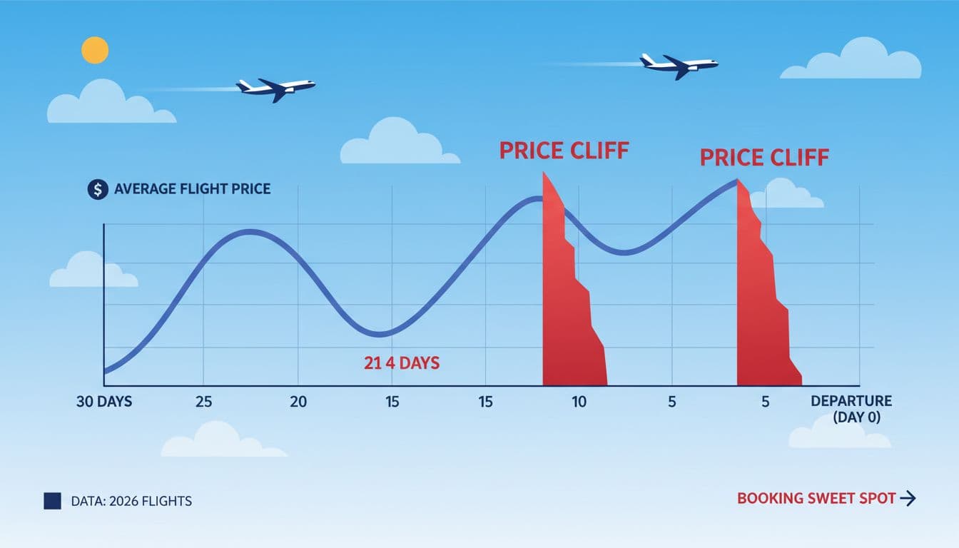 Illustration of a timeline chart displaying flight price drops and rises over 30 days before departure, with red-marked cliffs at 21, 14, and 7 days, airplane icons on a blue sky background in a simple infographic style.