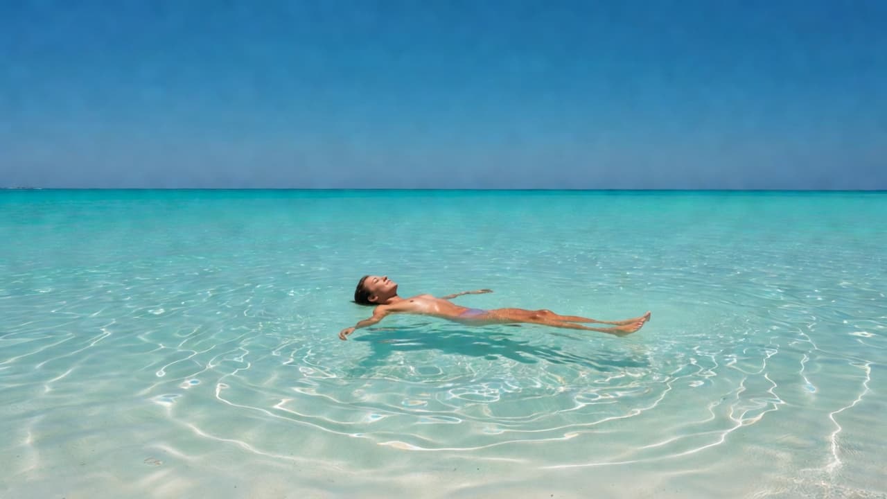 A lone person drifts on their back in crystal clear Caribbean water with bright sunlight illuminating the calm blue sea under a clear sky.