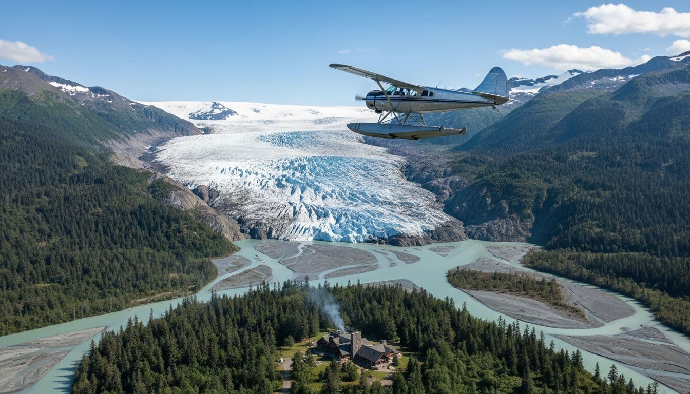 Floatplane flying over Taku Glacier near Juneau, Alaska, approaching remote wilderness lodge with chimney smoke, turquoise rivers, and forested mountains in sunny weather.