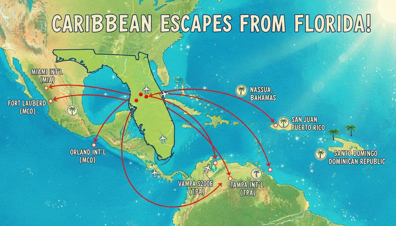 Florida to Caribbean under $200 via Expedia 2026 – route map from MIA, FLL, MCO, TPA to NAS, SJU, SDQ