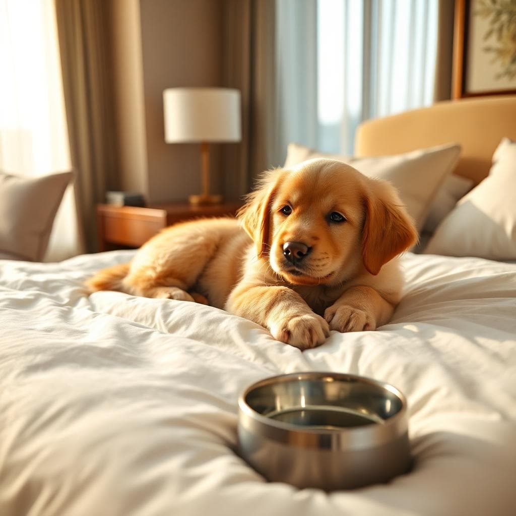 Fluffy golden retriever puppy resting on hotel bed with water bowl