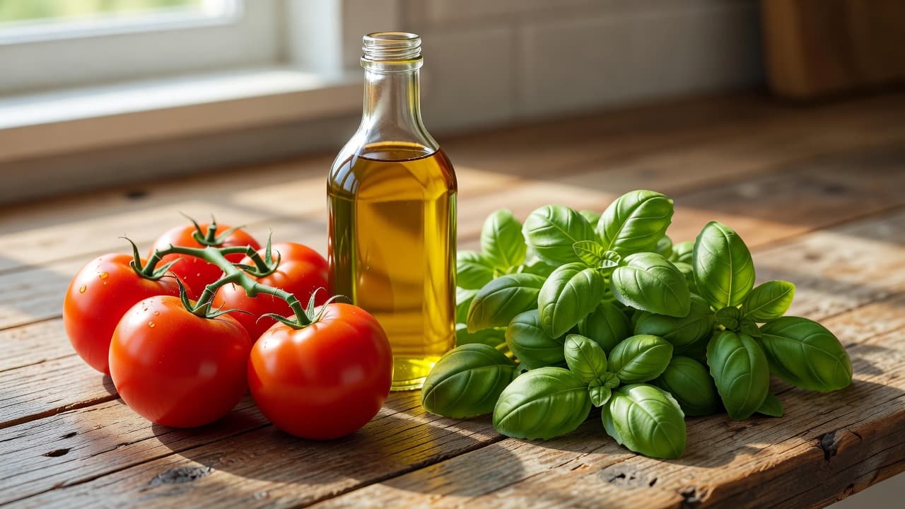 Vibrant red tomatoes grouped near a glass bottle of golden olive oil and sprigs of fresh green basil on a textured rustic wooden kitchen surface illuminated by warm sunlight.