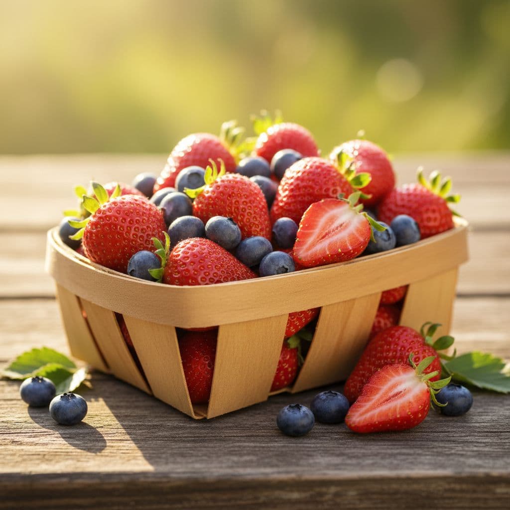 Wooden basket filled with fresh strawberries and blueberries on rustic wooden table.