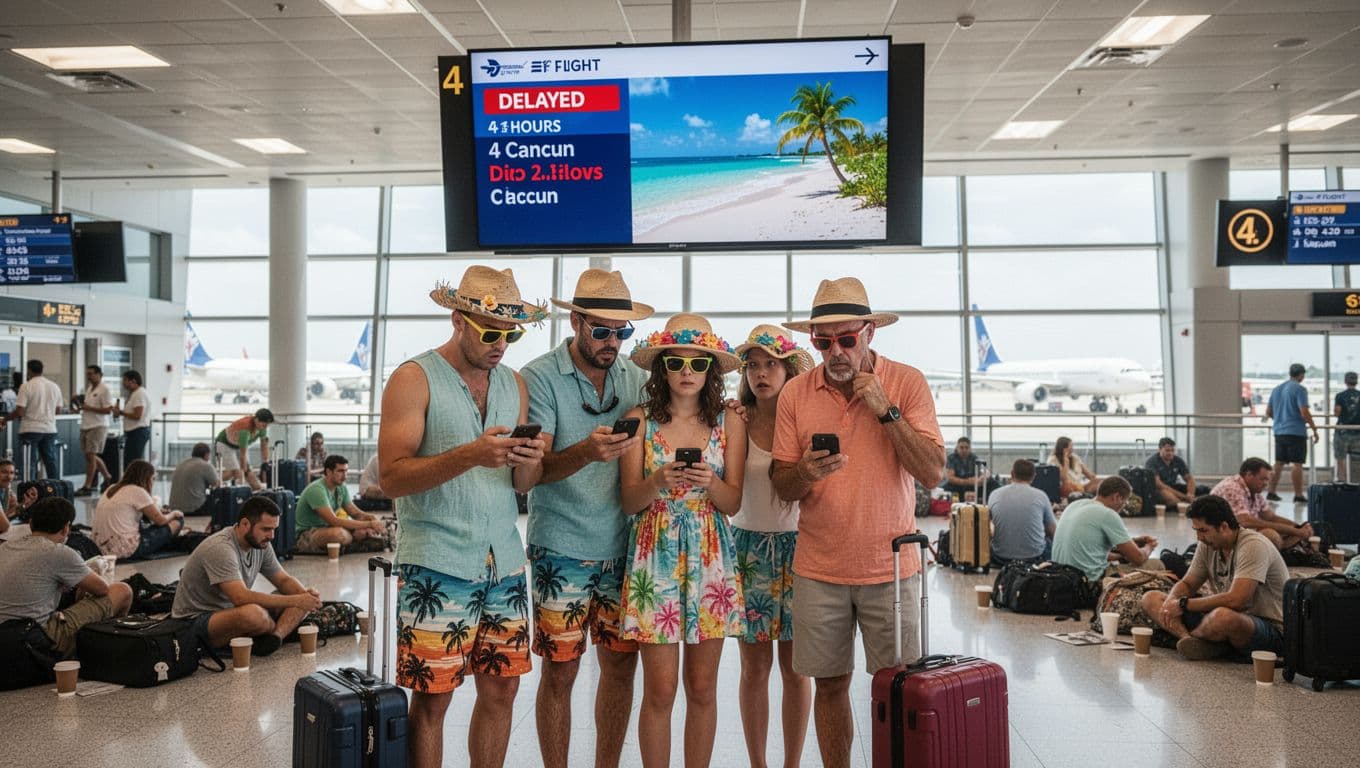 A busy airport terminal during spring break season shows a family of four in vacation clothes looking frustrated at a 4-hour flight delay to Cancun on a digital screen. Crowded background with travelers sitting on the floor amid luggage and coffee cups, planes visible through windows.