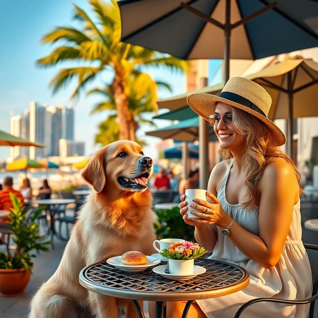 Golden retriever on calm café patio in Orlando